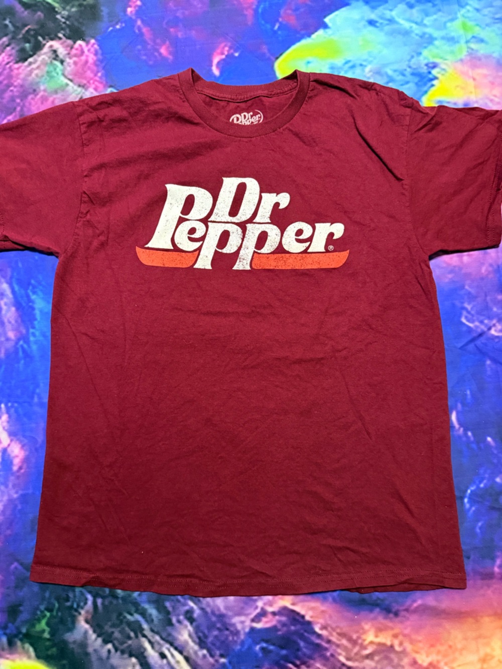 Dr Pepper Logo Tee in Burgundy with Cream & Orange Print